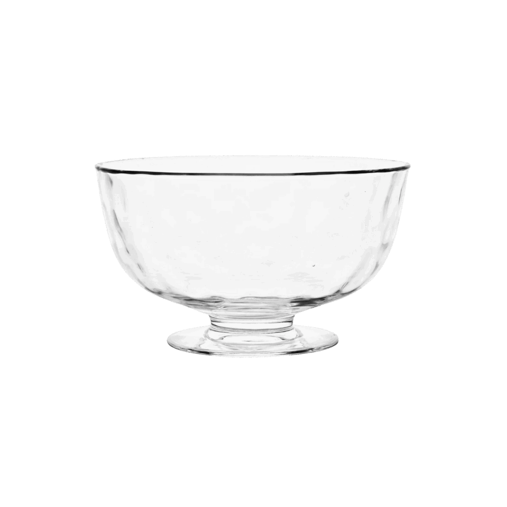 A clear glass bowl with a short pedestal base, perfect for hosting, photographed against a plain white background.