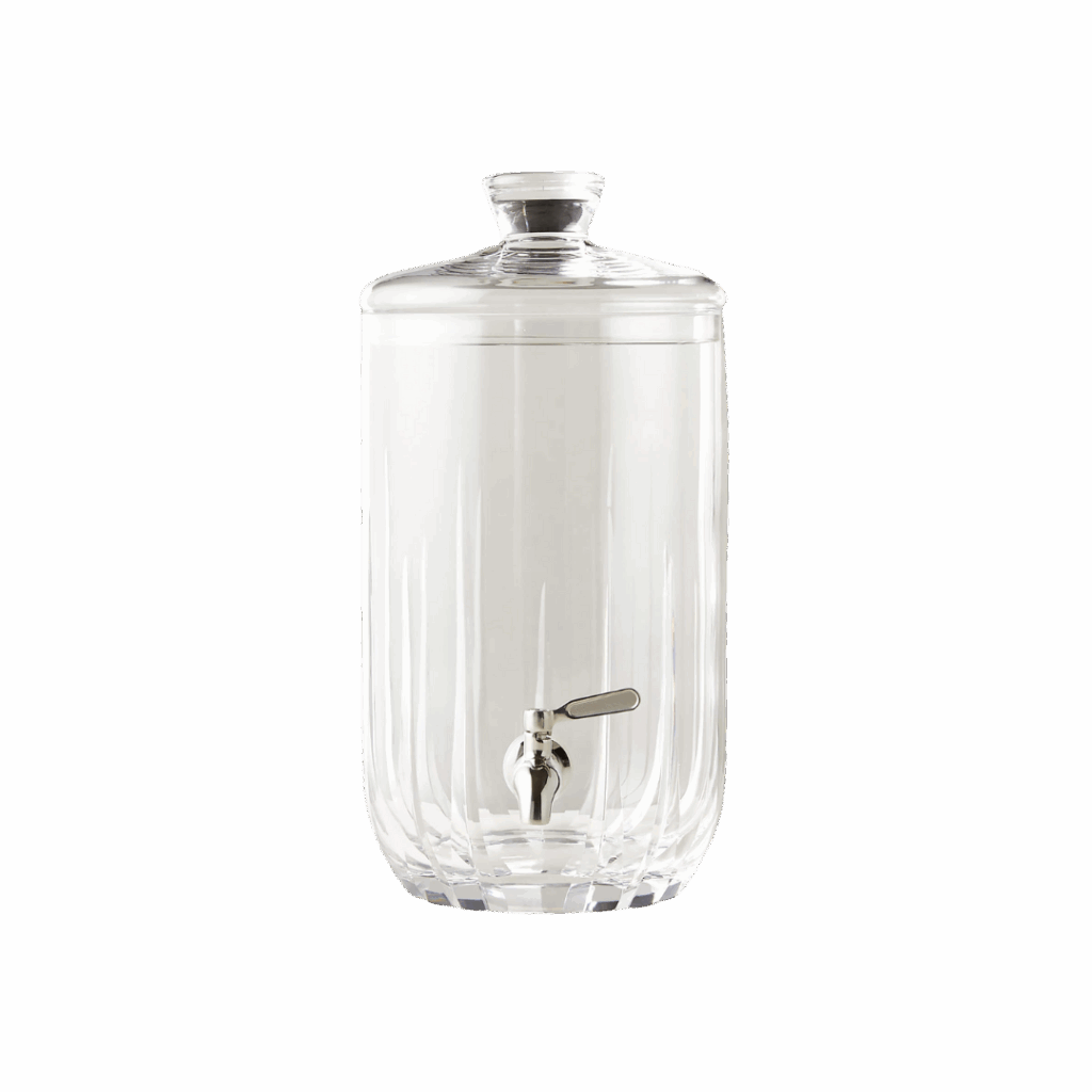 Clear glass beverage dispenser with a lid and metal spigot, perfect for hosting gatherings, shown against a plain white background.